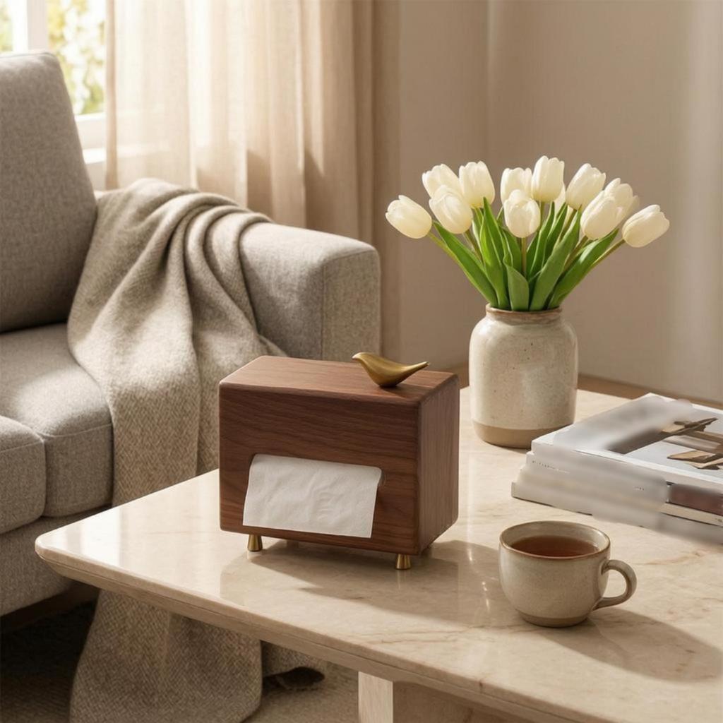 Walnut Tissue Box Cover Bird Ornament Gilded Highlight