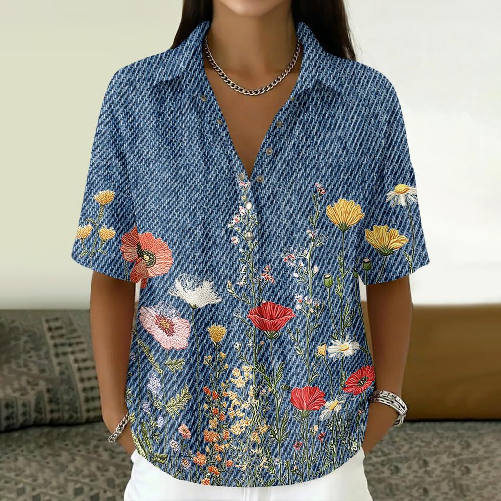 Women's Fashion Polo Collar Button Vintage Floral Print Loose Fit Short Sleeve T Shirt Linen Blend Casual Top