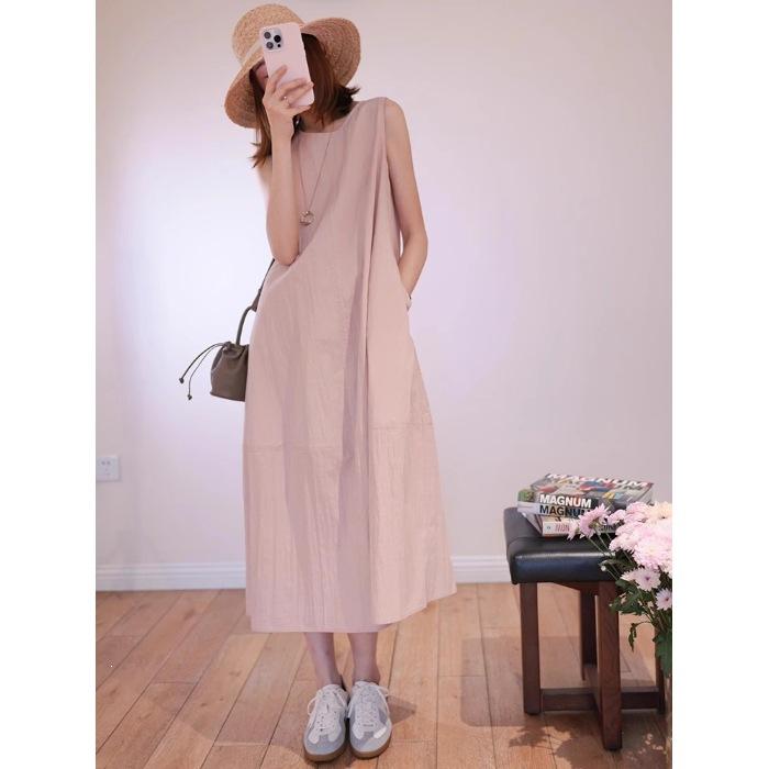 French high-end pink sleeveless vest dress women's summer seaside vacation loose and thin temperament beautiful long dress