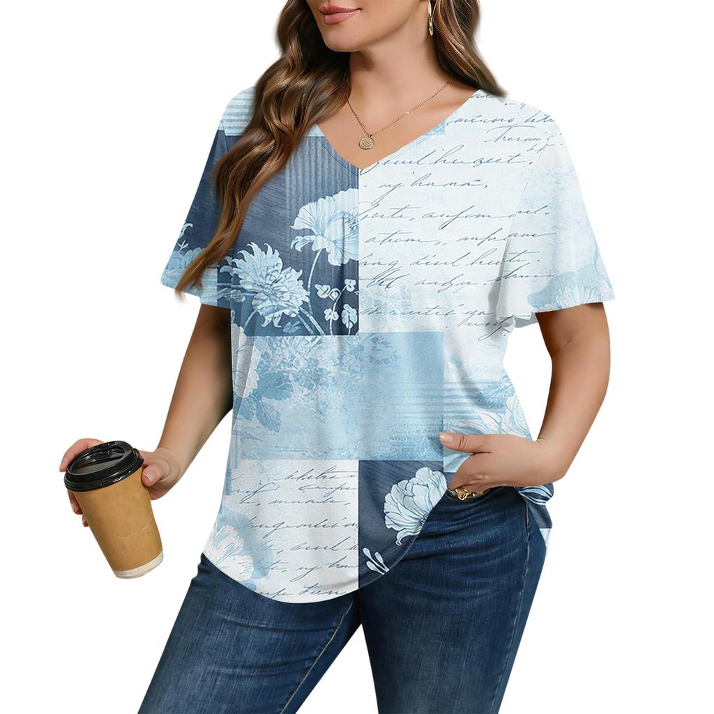 Women's Plus Size Fashionable Casual Loose-Fit Short Sleeve Elegant V Neck Blouse For Work