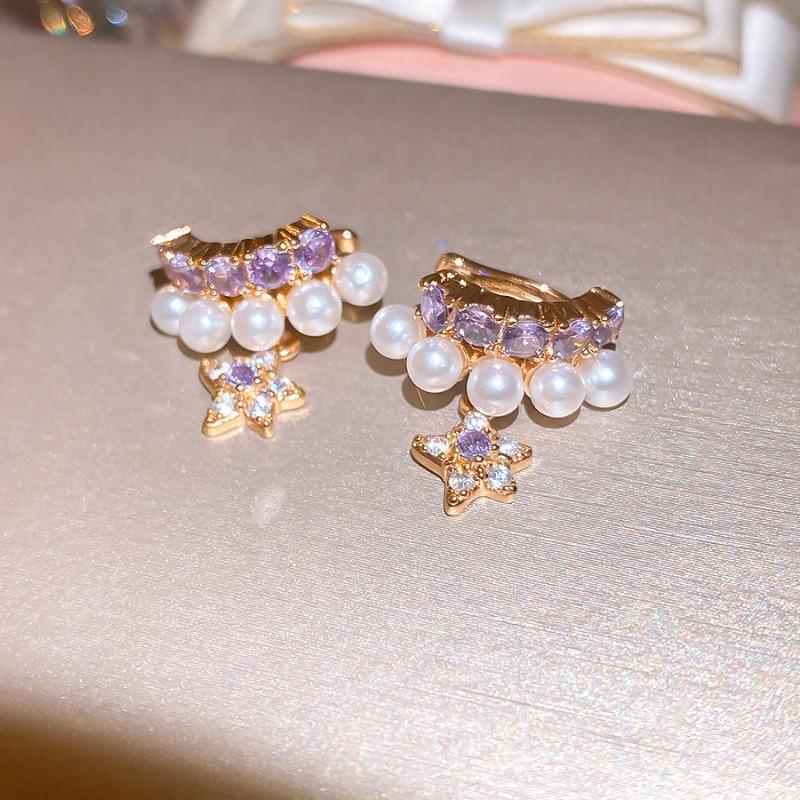 Early Summer Love Song~ Super Sparkling Zircon Round Star Stud Earring Clip Set Light Luxury Advanced Sense No Ear Piercing Ear Bone Clip