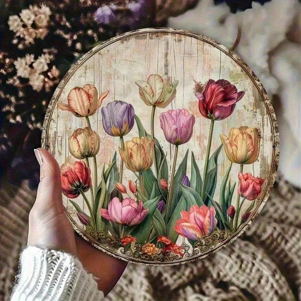 Vintage Tulip Floral Metal Tin Sign 8x8 Inch Rustic Wall Art Home Decor Handmade Painting