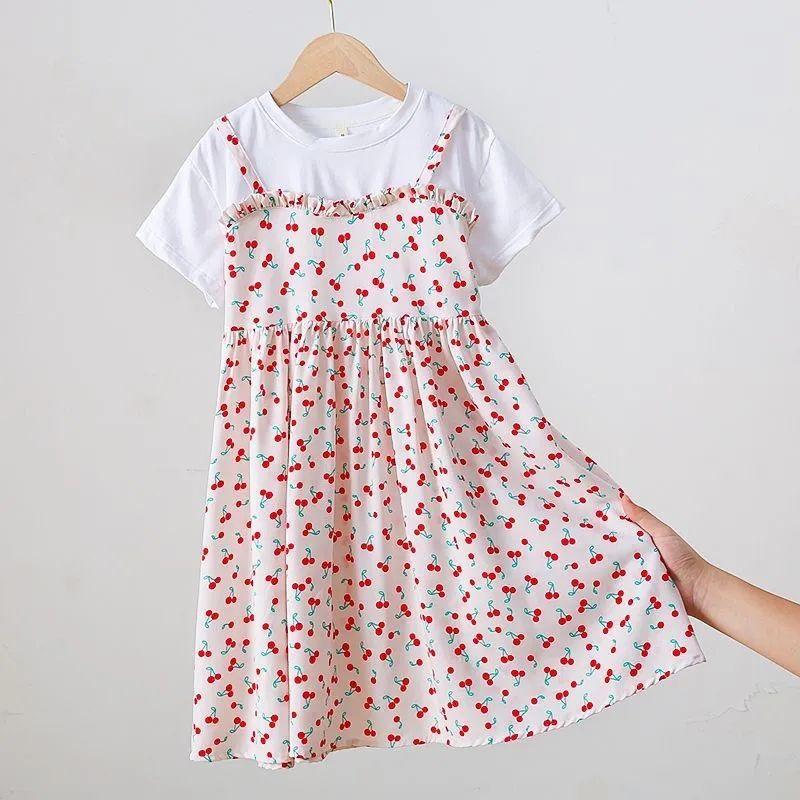 Dívčí letní nové šaty s falešným dvoudílným vzhledem Letní šaty Pro dívky Chladivé dlouhé šaty
