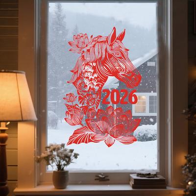1 Sheet 2026 Happy New Year Sticker Glass Window Static Sticker Horse Year Shopping Center Shop Sticker Holiday Decoration