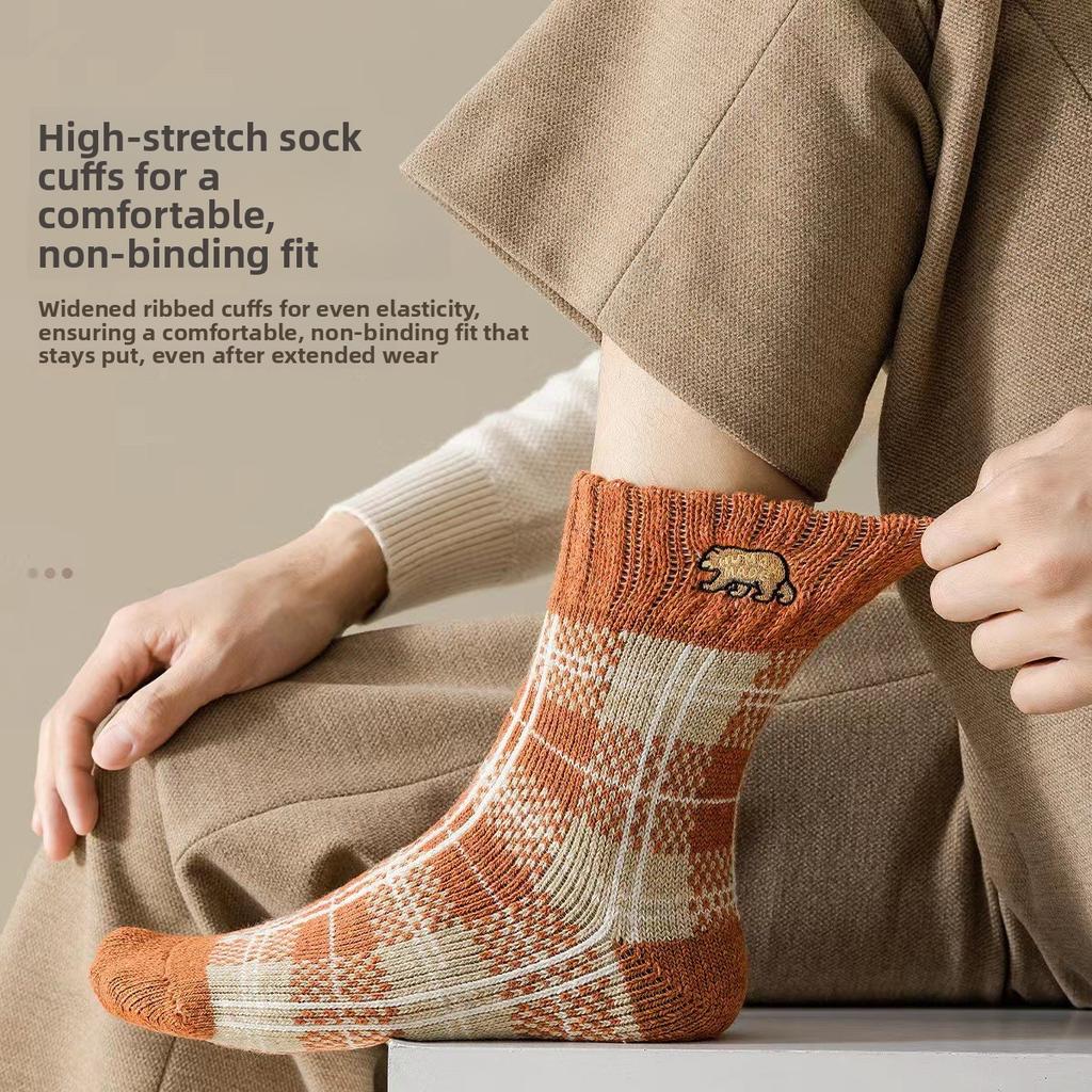 Męskie skarpetki wełniane do połowy łydki na jesień i zimę, pogrubione i polarowe ciepłe skarpetki wełniane z pętelką, wełniane skarpetki męskie w kratę i w blokach kolorystycznych