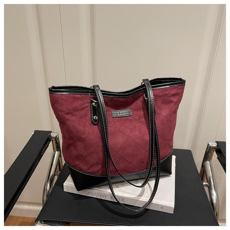 Large capacity commuter simple tote bag autumn new fashion diamond handbag retro splicing shoulder bag