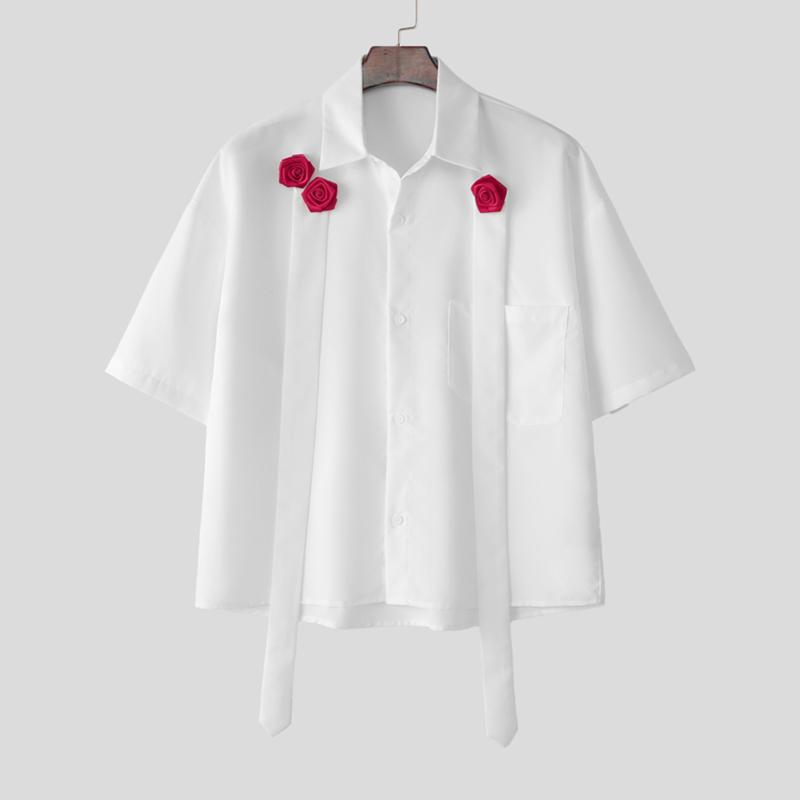 

INCERUN Свободные мужские рубашки с лацканами, коротким рукавом, цветочным принтом, повседневные, с кисточками L белый