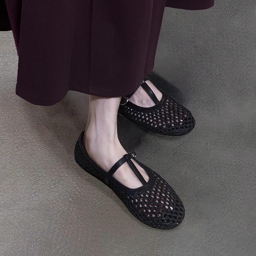 Sheepskin Version~ Hollow and Breathable Outer Wear Summer Mary Jane Sandals Women's One-word Small Single Shoes with Round Head, Shallow Mout