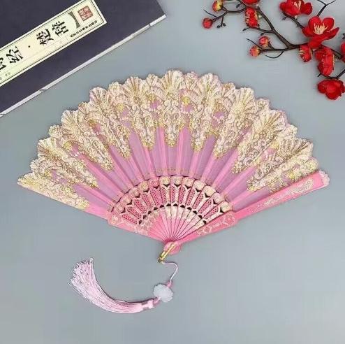 Folding retro pattern hand fan, single flower folding fan, Chinese dance fan, role-playing party decoration, women s handheld