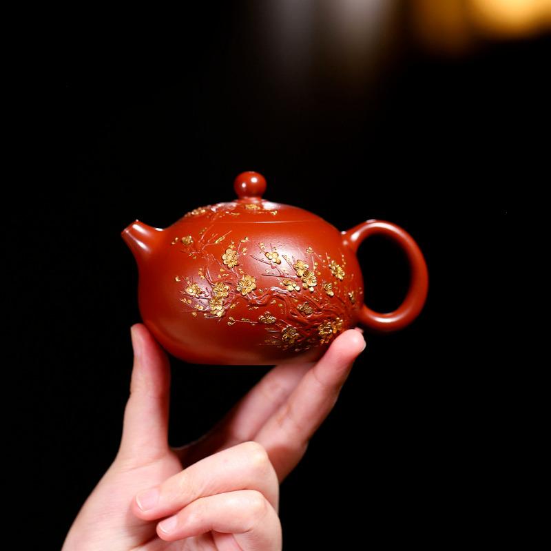 200ml Yixing Purple Clay Teapots Handmade Gold Drawing Xishi Pot Raw Ore Dahongpao Mud Kettle With Strainer Zisha Tea Set Craft