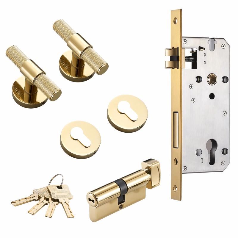 Dooroom Brass Door Lever Set Modern Knurled T-bar Interior Bedroom Bathroom Double Wood Door Lock Set Dummy Knob Hidden Door