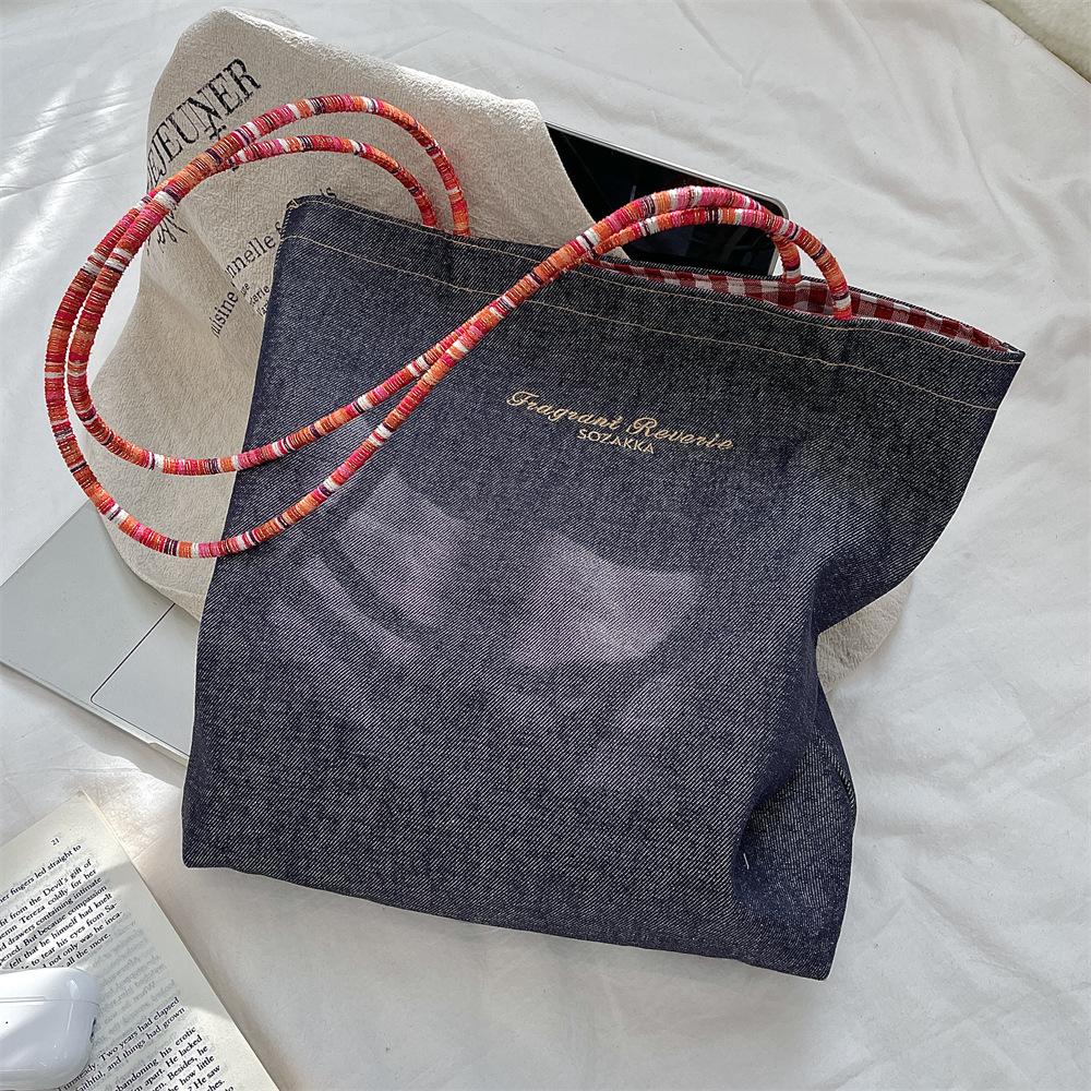 

Ретро двухсторонняя джинсовая парусиновая сумка женская новая универсальная большая вместительная на плечо тканевая сумка