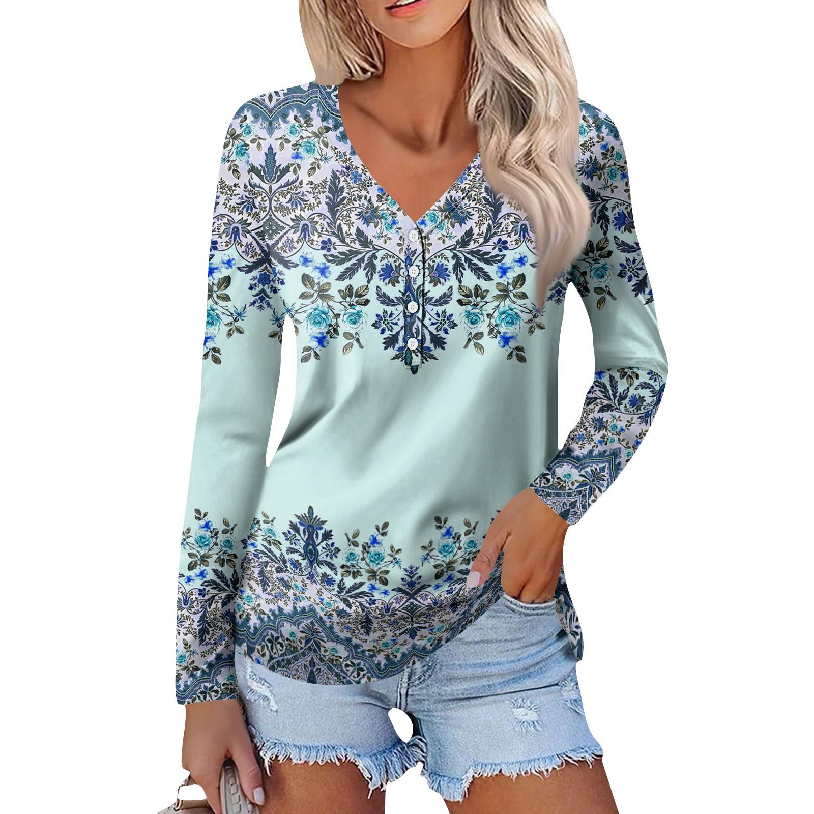 Women s Casual Loose Fashion Retro Floral Print Long Sleeve V-Neck Button Down Shirt S светло-синий