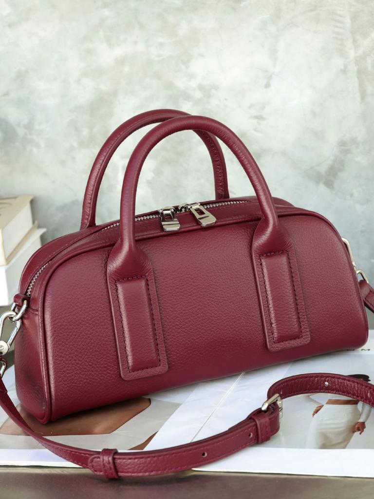 Women's Lightweight Genuine Leather Boston Pillow Bag - Luxury Retro Bowling Handbag & Casual Crossbody