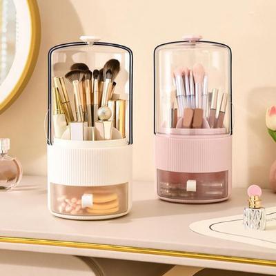Plastic 360° Rotating Makeup Brush Holder Round Large Capacity Makeup Brush Storage Box with Drawer Waterproof