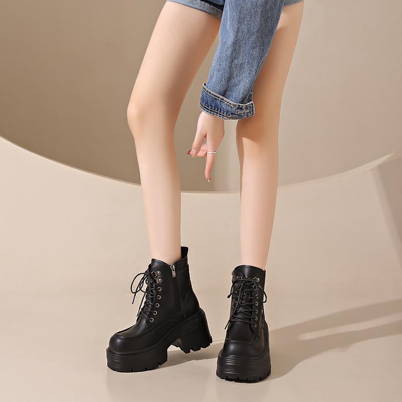 Fashion 2025 New 9cm Black Platform Women Motorcycle Ankle Boots Fashion Lace Up Shoes Autumn Winter Thick Heel Women's Short Booties