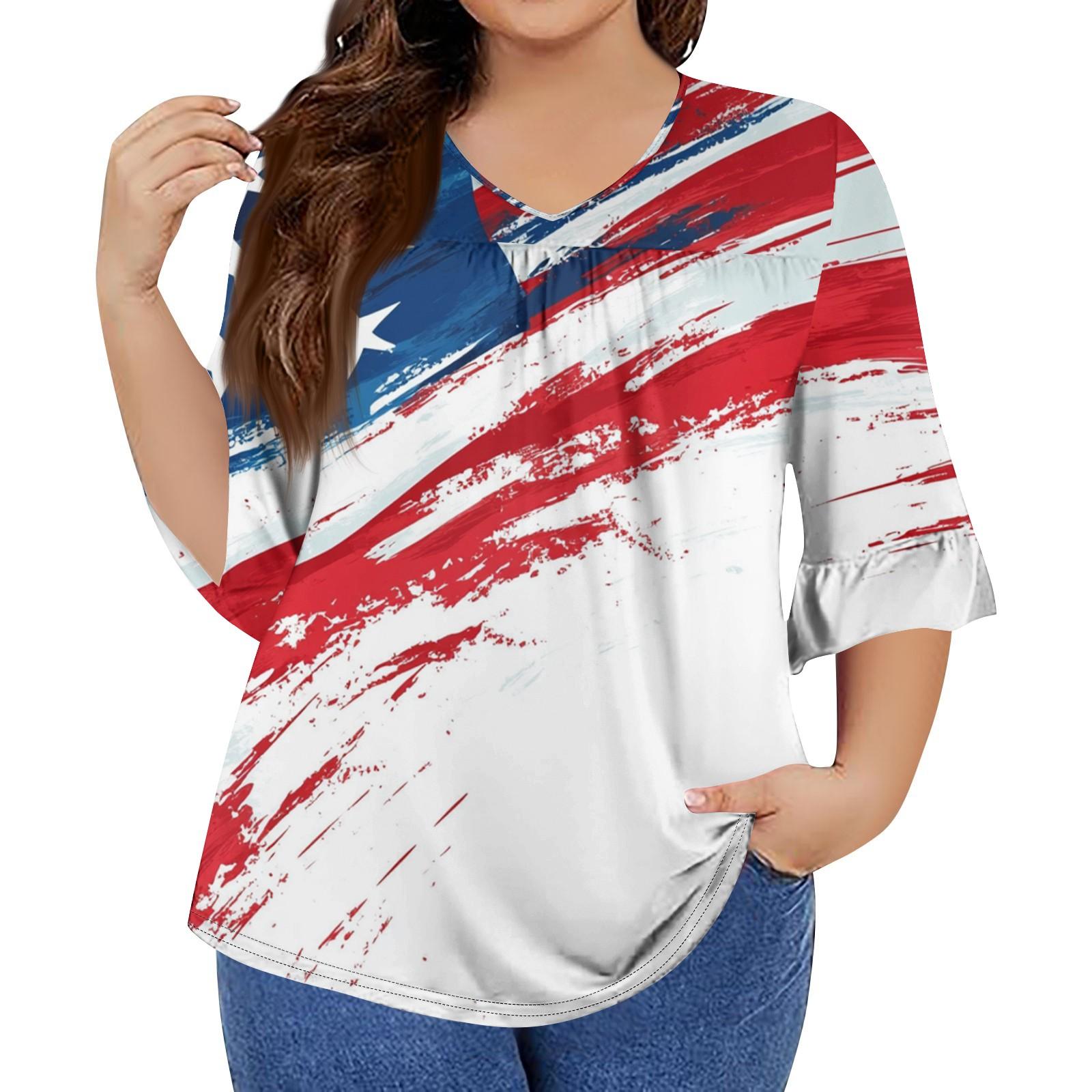

Женская мода повседневная футболка с V-образным вырезом, рукавами-семью, оборками, принтом «День независимости», топы, женские топы больших размеров XXXL