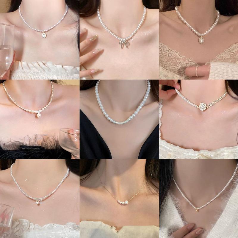 Real gold electroplated pearl beaded bow necklace niche versatile commuter collarbone chain fashion high-end jewelry women