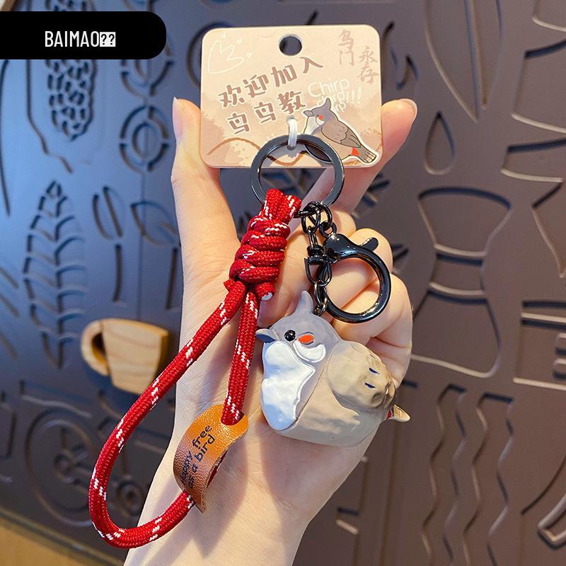 

Baimao Hand-Carved Bird Keychain: Exquisite Wood Style Pendant for Couples OPP Bag Packaging
