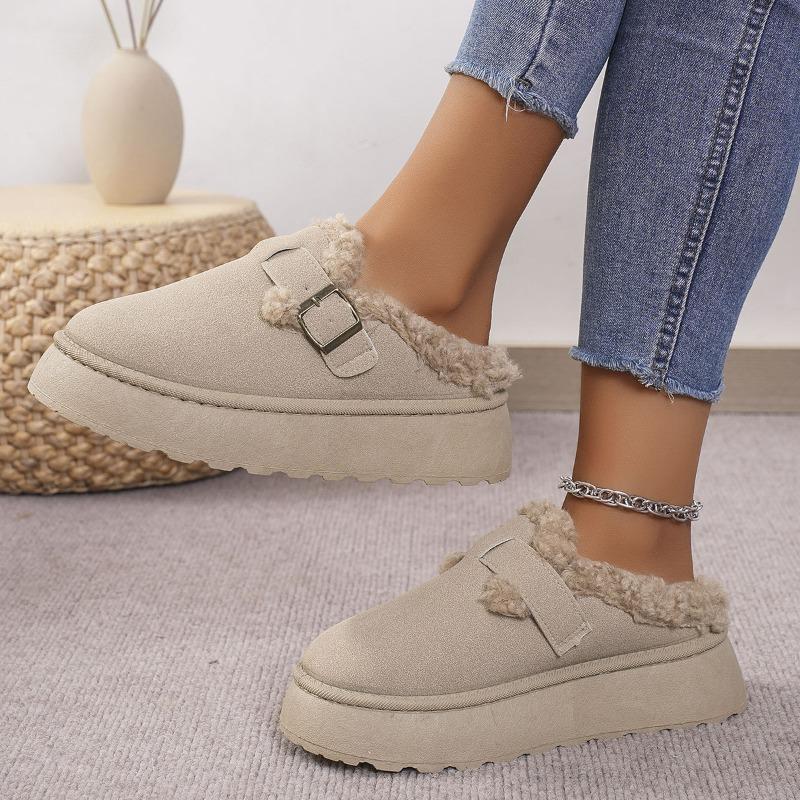 Fashionable Fall/Winter Thick-Soled Fuzzy Buckle Warm Cotton Slippers - Casual Oversized New Style Women's Shoes