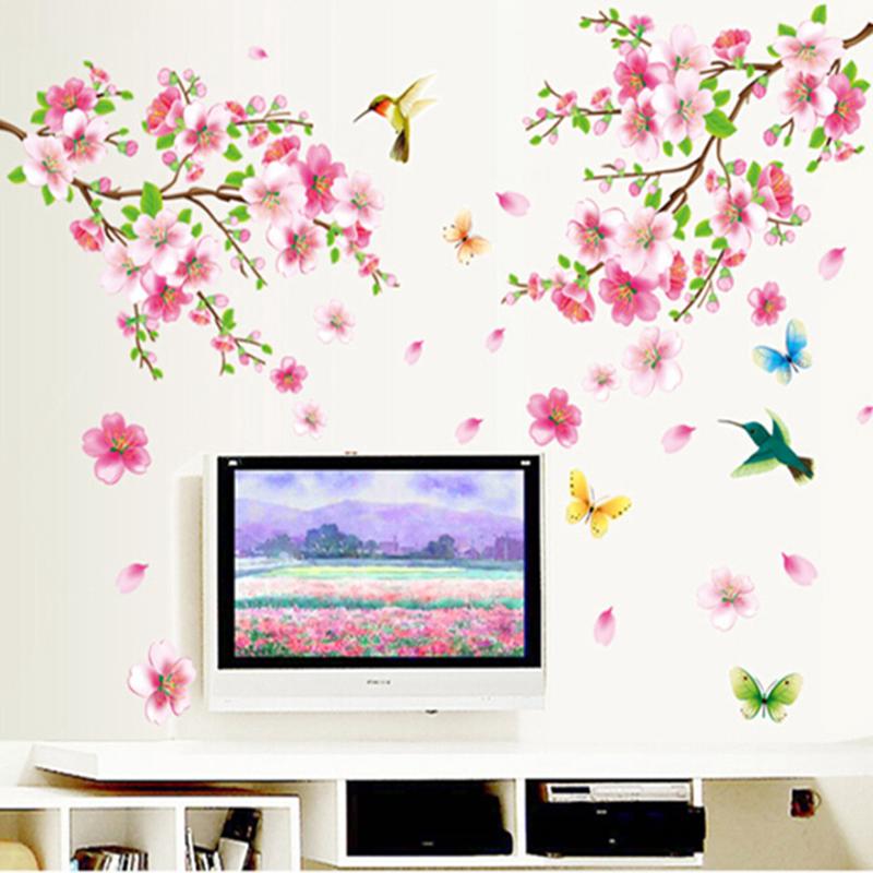 Beautiful Flower Peach Blossom Birds Art Pvc Wall Stickers Removable Home Decor