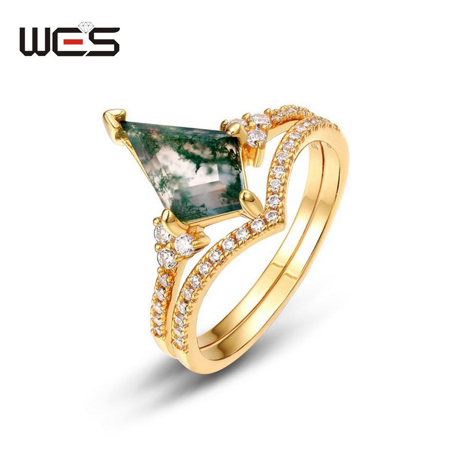 WES   CopperKite Cut Natural Moss Agate Gold Ring Sets For Woman Wedding Bridal Set Valentine Gift Jewelry