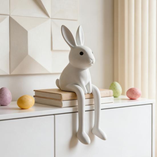 Bunny Figurine Easter Rabbit Sculpture White Rabbit Modern Resin Statue for Desk Cabinet Bookshelf Counter