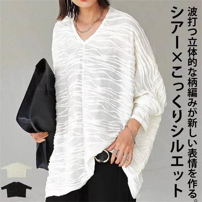 Spring Autumn Solid Color Loose Casual Tee Women Batwing Long Sleeve Folds V-neck Pullover T-shirt Female Top