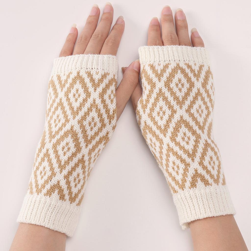 Zweifarbige rautenförmige kurze Handschuhe, neue Herbst- und Winter-Woll-Warme Ärmel, modische Damen-Strick-Fingerhandschuhe