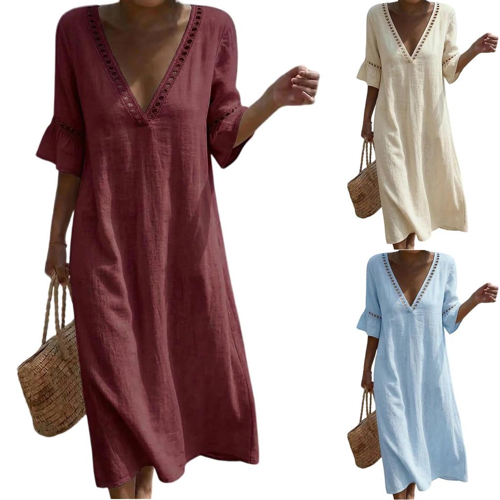 Abito Midi da Donna in Cotone e Lino Manica a 3/4 Scollo a V in Pizzo Linea ad A Vestibilità Rilassata Casual per Vacanza al Mare con Tasche