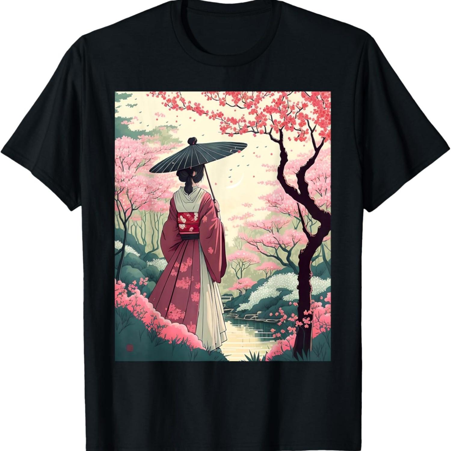 Lady with Umbrella cherry Blossom Garden Sakura T-Shirt S чёрный