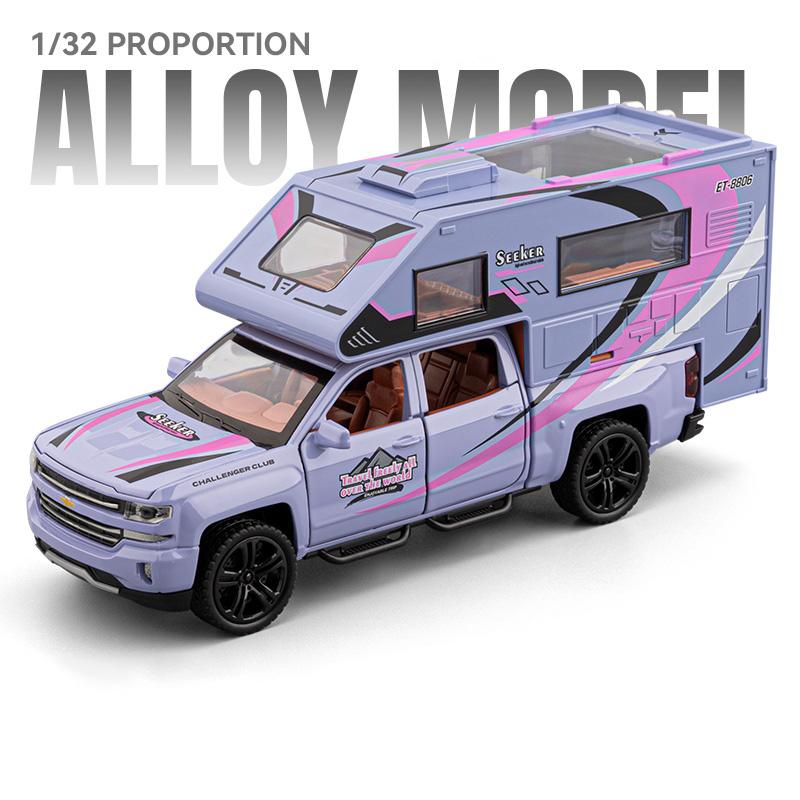 1/32 Silverado Pickup RV Recreational Car Model Diecast Camper Van Motorhome Touring Vehicles Car Model Sound Light Kid Toy Gift