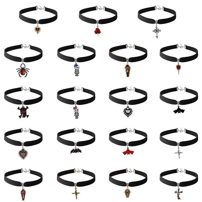 Punk Gothic Skull Cross Necklace With Bat Spider Alloy Pendant For Halloween