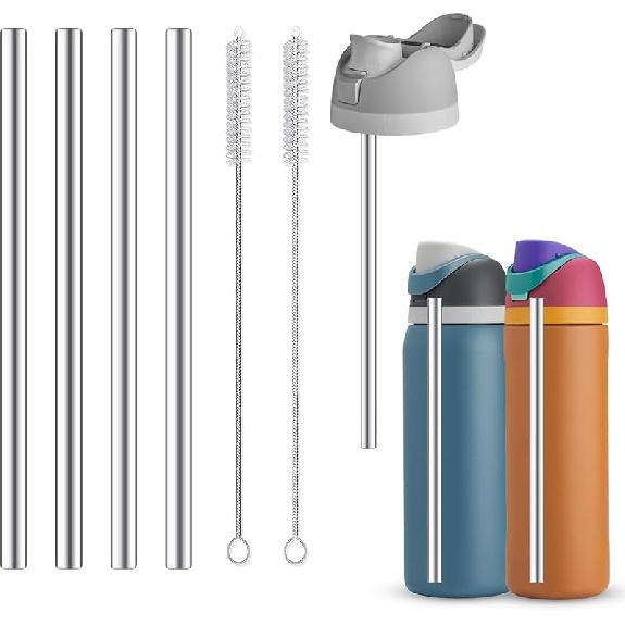 4Pcs Replacement Stainless Steel Straws Compatible with Owala Bottle 24oz 32oz Reble Straws with 2 Cleaning Brushes Metal Straw Replacement