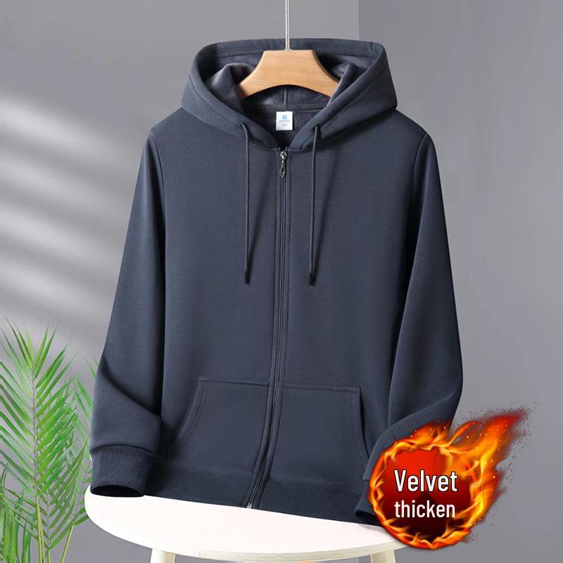 Unisex Heavyweight Cotton Zip-Up Hoodie Cardigan - Solid Color, Autumn/Winter Style.