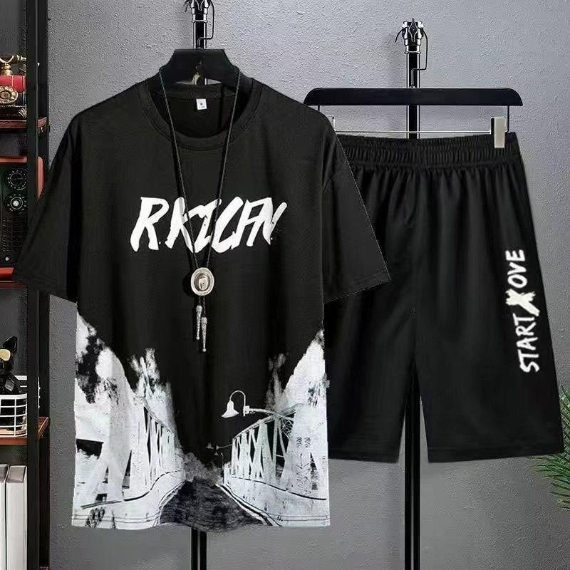 National Tide Clothing Men's Spring and Summer Thin Tie-dye Short-sleeved National Style Landscape Painting Round Neck Casual Suit