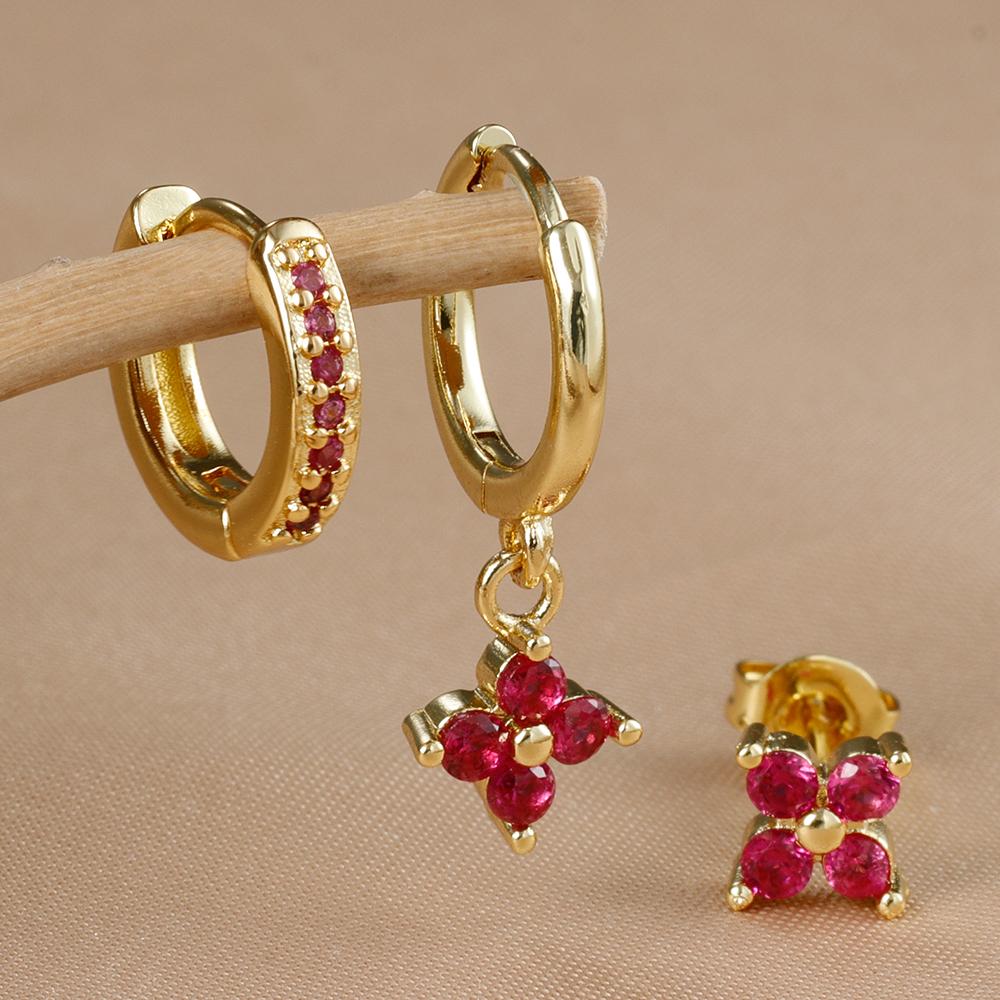 3PCS Fashion Gold Color Crystal Zirconia Drop Earrings Set for Women Stainless Steel Flower Dangle Earring Korean Jewelry aretes