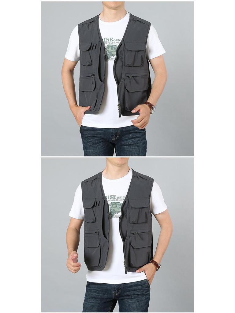 Men's Quick-Drying Multi-Pocket Vest for Outdoor, Plus Size, V-Neck, Perfect for Spring, Autumn, and Fishing