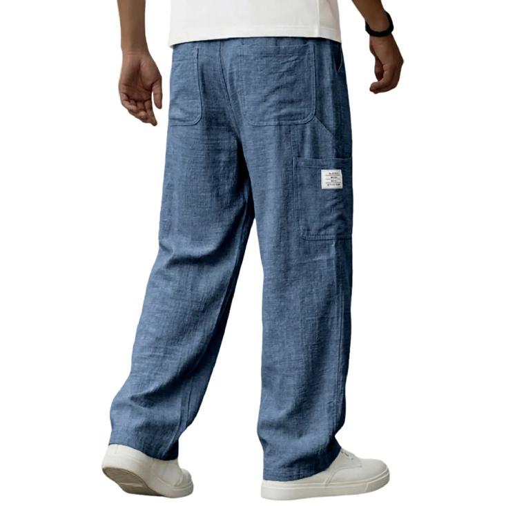 2026 Spring/Summer New Men's Solid Color Breathable Cotton-Linen Pocket Casual Trousers