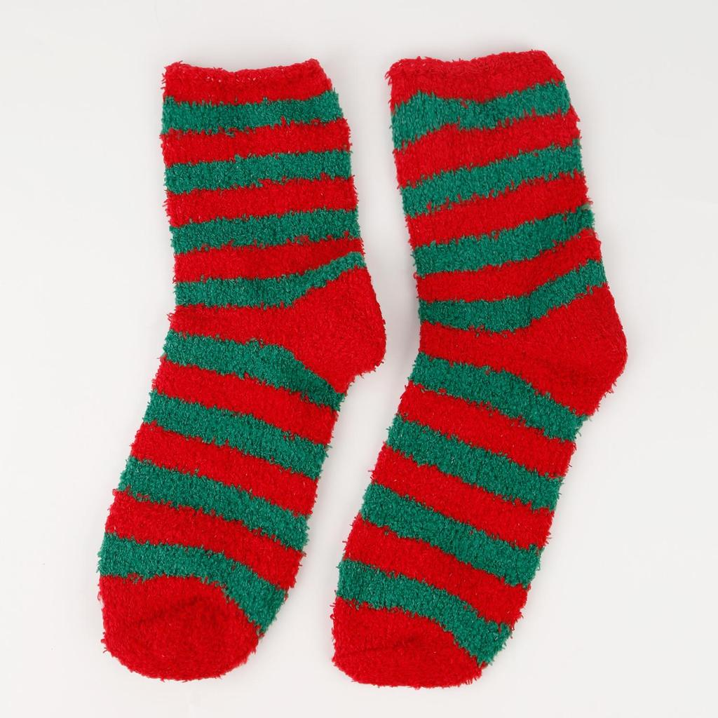 Women's Christmas Socks - Elk & Santa Design, Thick Coral Fleece, Floor Socks