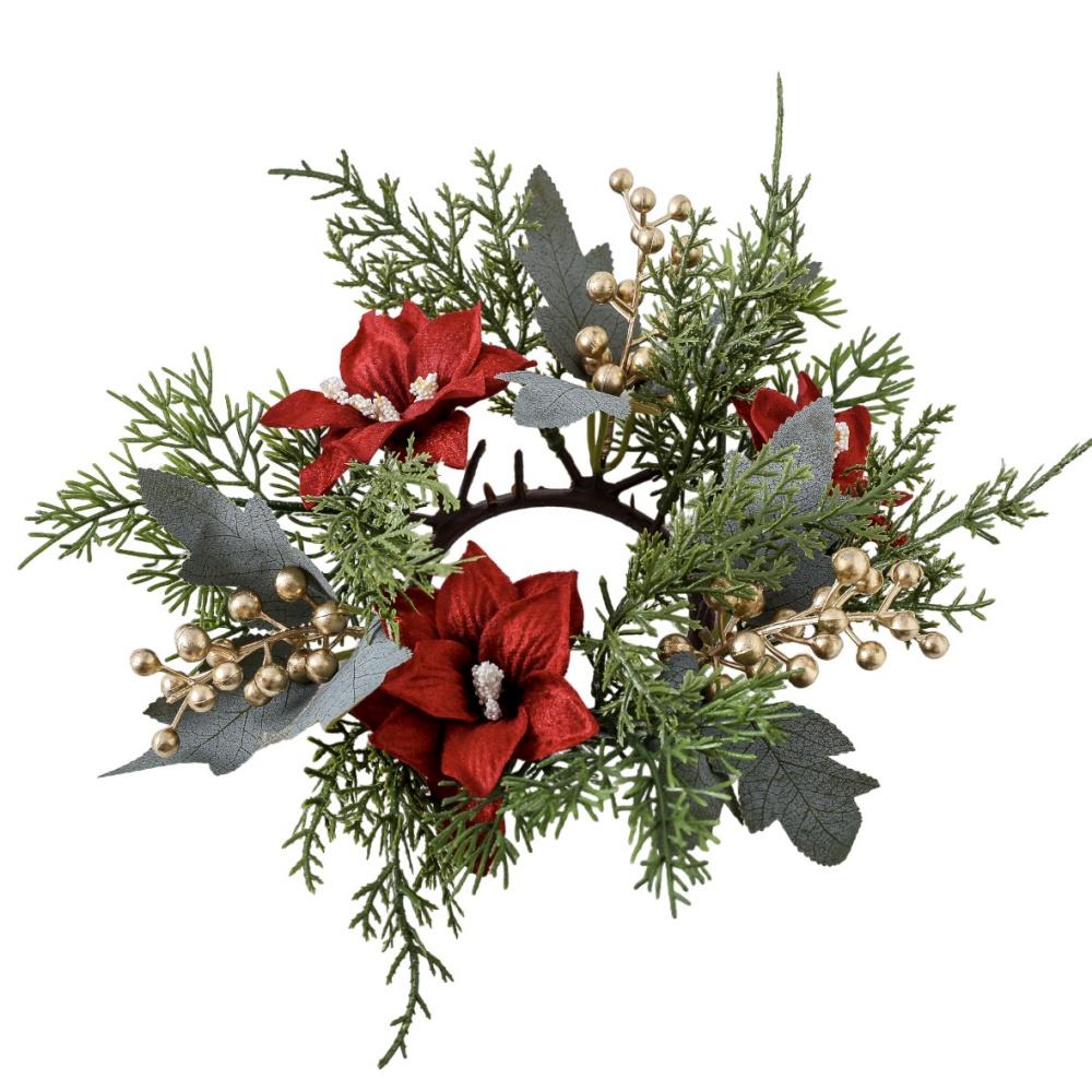 Christmas Candlestick Wreath Red Fruit Artificial Flowers Candle Ring Xmas New Year Table Decoration Candle Holder Garland