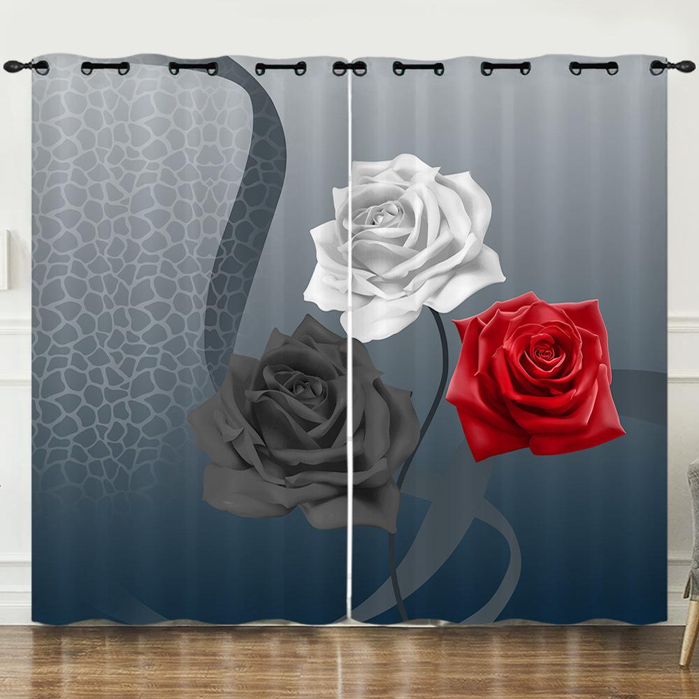 Curtains Flowers Roses Plants Flowers 3D Digital Printing Blackout Curtain Punching