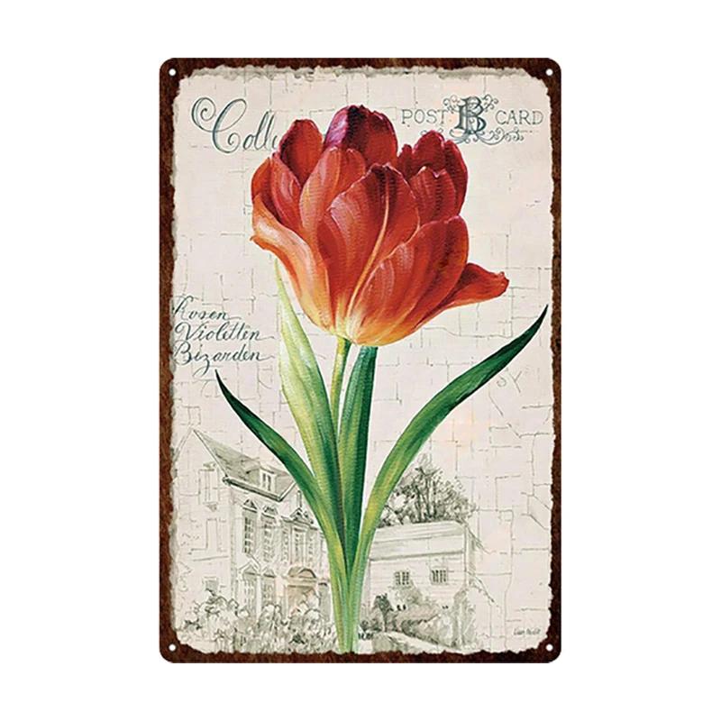 Flowers Metal Tin Sign Retro Plates Rose Peony Lavender Art Plaque Vintage Poster Garden Room Home Wall Decor Gift
