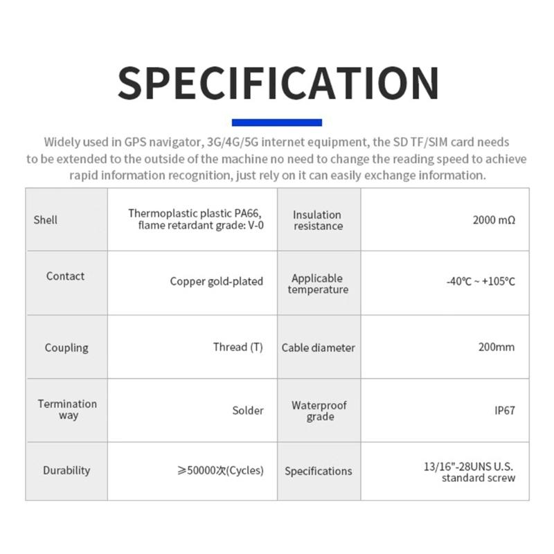 SDTF Card Adapter Cable Theaded Waterproof Plug Socket IP67 Connector SDTF Memory Card Socket Data Flexible Cable
