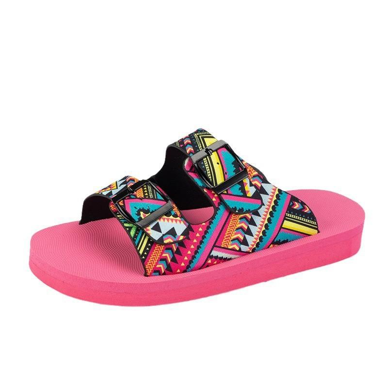 European and American foreign trade large size belt buckle light foam bottom one-word slippers women wear colored graffiti beach cool slippers
