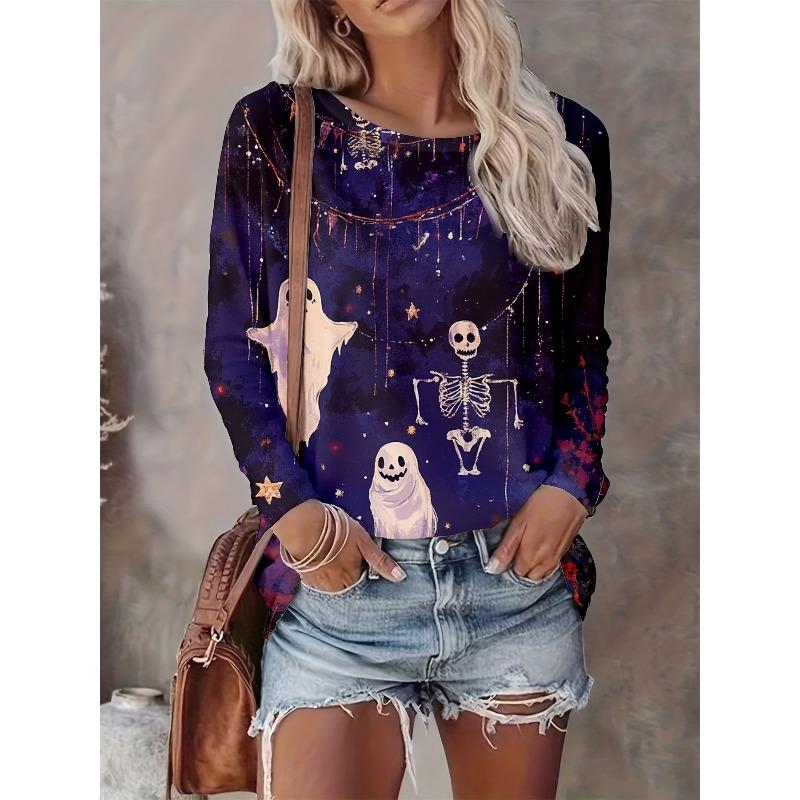 Ladies Autumn and Winter Halloween Funny 3D Printed Crew Neck Long Sleeve T-Shirt Comfortable Fashion Breathable