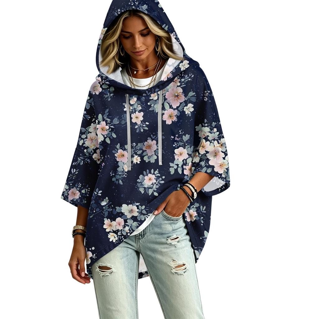 Women's Vintage Floral Print Hooded Pullover Top with Three-Quarter Sleeves for Casual Daily Wear