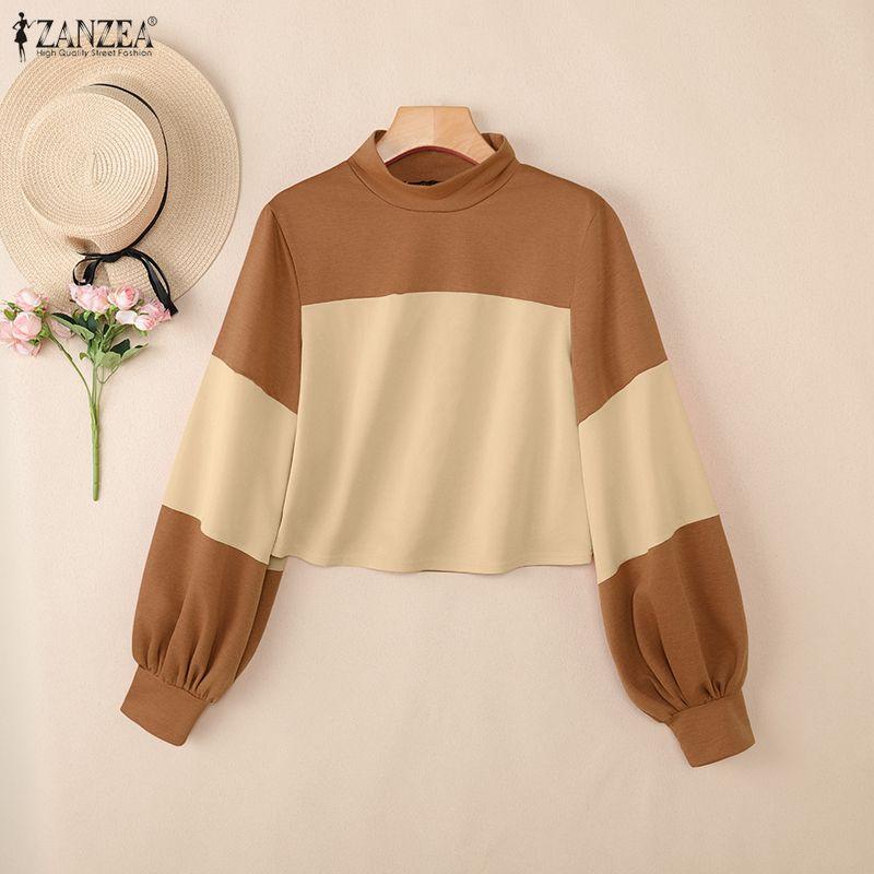 ZANZEA Women Casual Stand Collar Patchwork Loose Long Sleeve Tee Tops