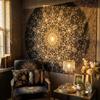 Black & Gold Mandala Tapestry, Elegant Wall Hanging with Intricate Golden Floral Pattern On Black Background, for Bedroom Decor