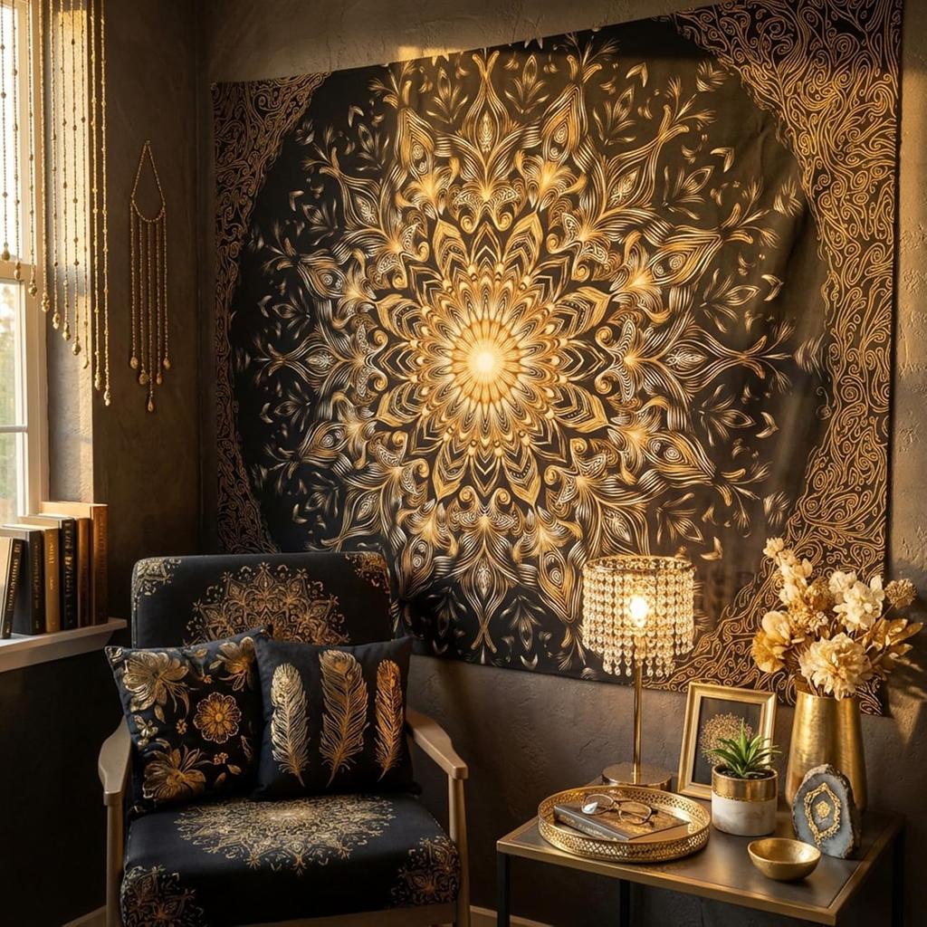 Black & Gold Mandala Tapestry, Elegant Wall Hanging with Intricate Golden Floral Pattern On Black Background, for Bedroom Decor